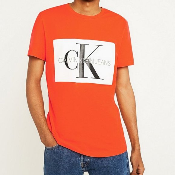 Calvin Klein Monogramed Box Logo Orange T-Shirt, 100% Cotton, Size Men's Small - Picture 2 of 6